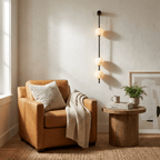 Vertical Alabaster Orb Wall Sconce — product setting and fixture profile, stone spheres arranged along a slender vertical frame (view 2)