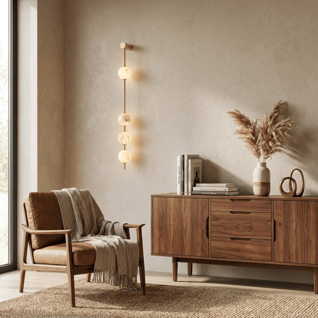 Vertical Alabaster Orb Wall Sconce — additional product view, stone spheres arranged along a slender vertical frame (view 3)