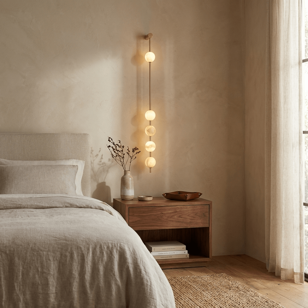 Vertical Alabaster Orb Wall Sconce — additional product view, stone spheres arranged along a slender vertical frame (view 5)