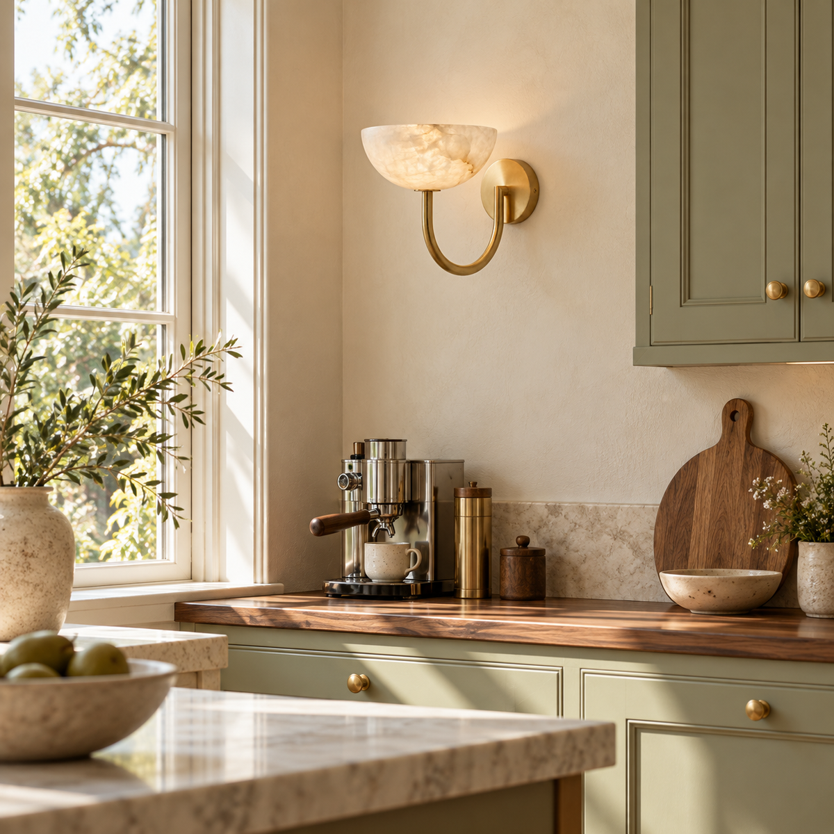 Virelle Alabaster Bowl Wall Sconce — product setting and fixture profile, an upward-facing stone bowl on a U-shaped arm (view 2)
