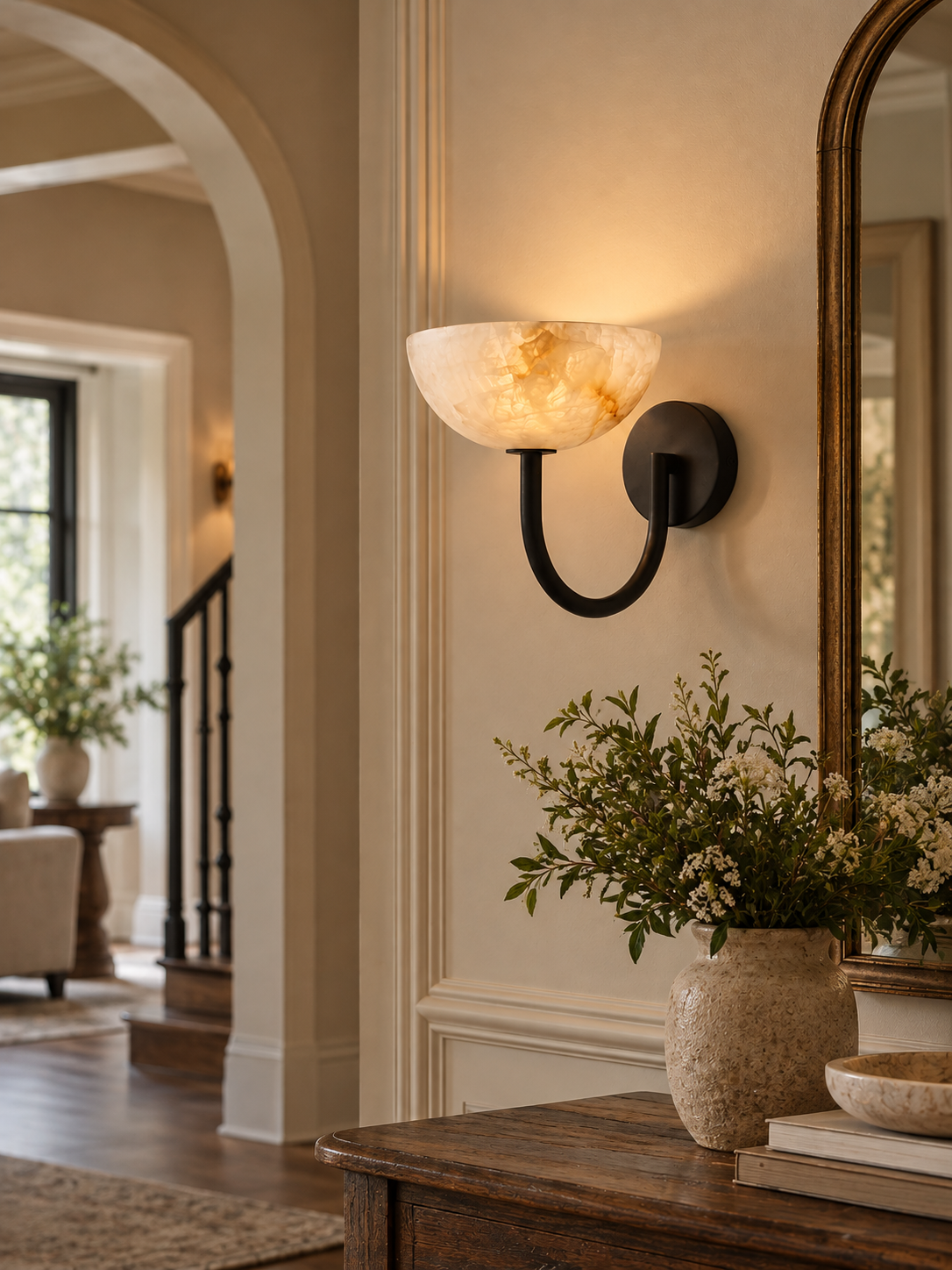 Virelle Alabaster Bowl Wall Sconce — additional product view, an upward-facing stone bowl on a U-shaped arm (view 3)