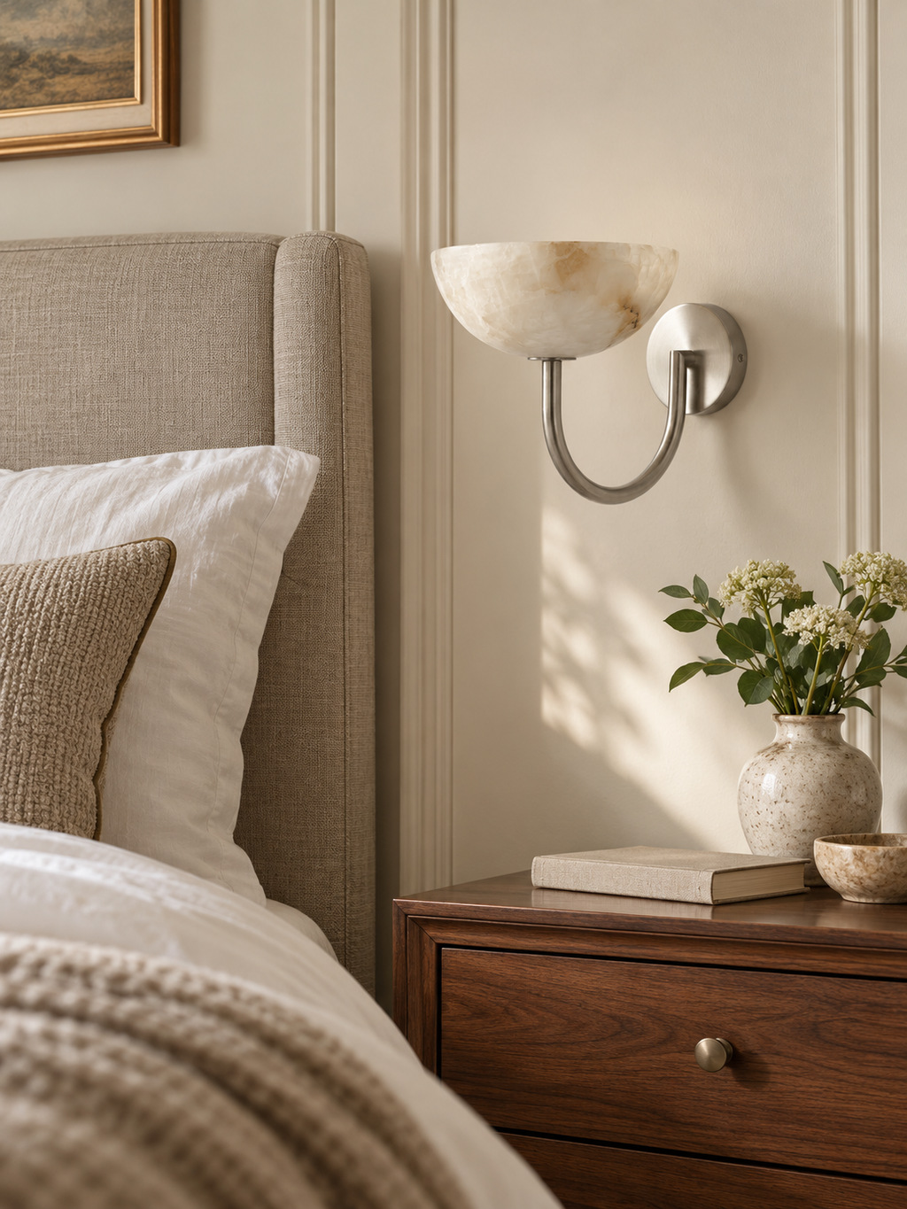 Virelle Alabaster Bowl Wall Sconce — additional product view, an upward-facing stone bowl on a U-shaped arm (view 4)