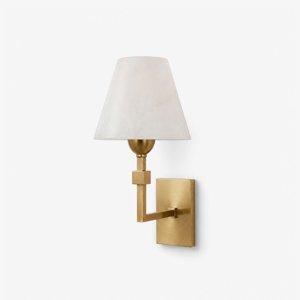 Virelle Alabaster Tapered Wall Sconce — full fixture profile, a tapered stone shade on a stepped geometric wall arm (view 1)