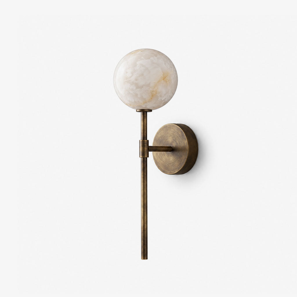 Wand Alabaster Wall Sconce — full fixture profile, a stone globe above a long straight metal rod (view 1)