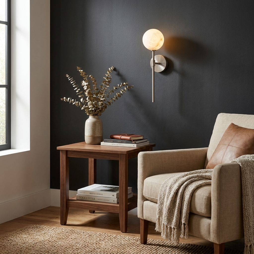 Wand Alabaster Wall Sconce — additional product view, a stone globe above a long straight metal rod (view 3)