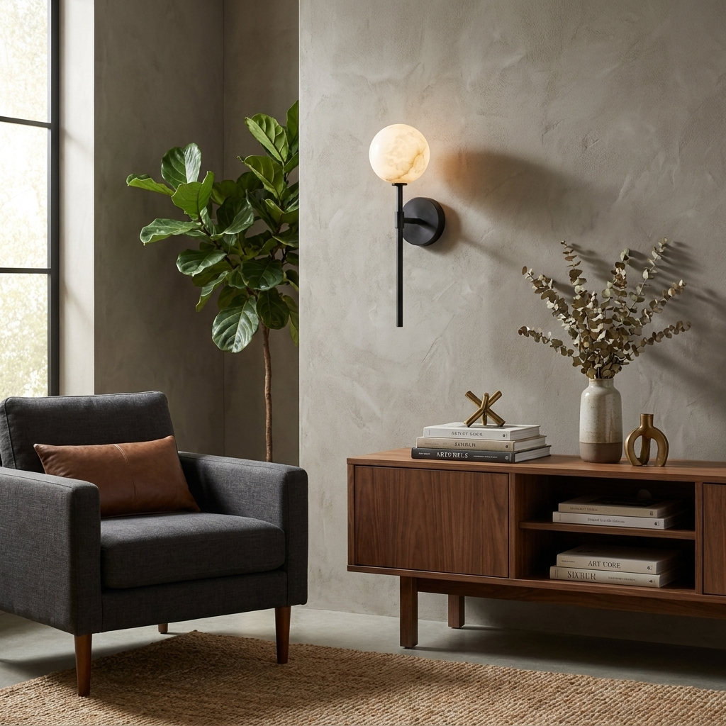 Wand Alabaster Wall Sconce — additional product view, a stone globe above a long straight metal rod (view 4)