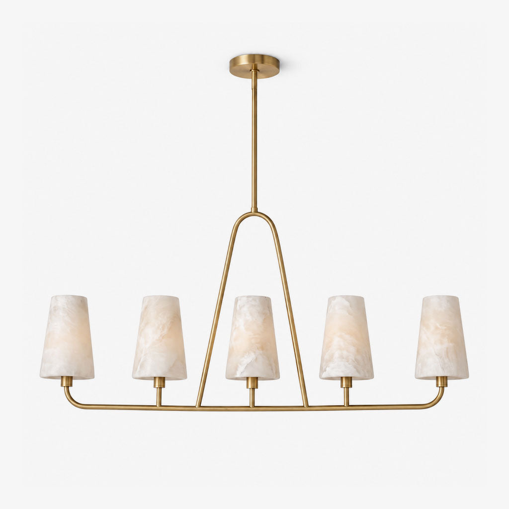 Winslow Alabaster Chandelier — full fixture profile, five stone cone shades above an oval rail (view 1)
