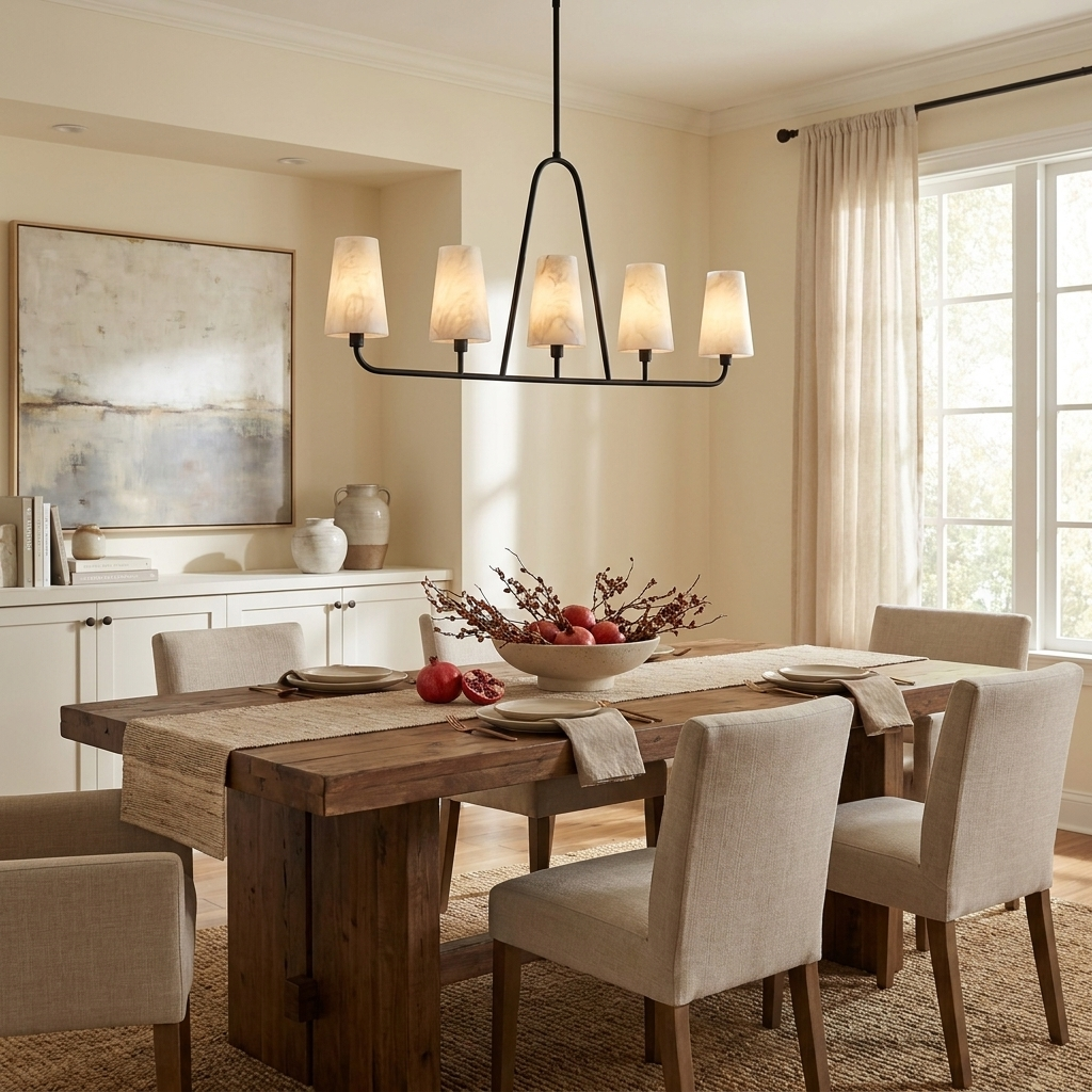 Winslow Alabaster Chandelier — additional product view, five stone cone shades above an oval rail (view 4)
