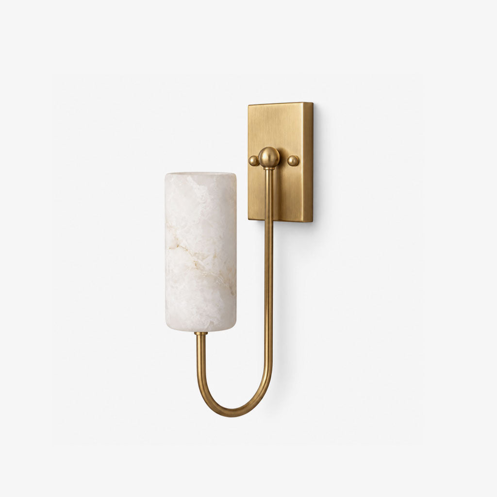 Wishbone Alabaster Wall Sconce — full fixture profile, a cylindrical stone shade beneath a tall looping arm (view 1)