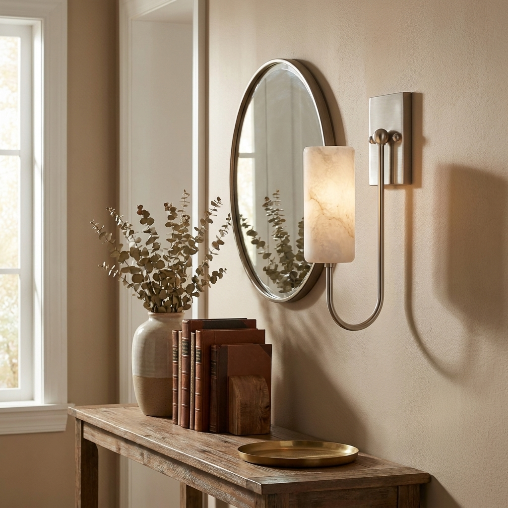 Wishbone Alabaster Wall Sconce — additional product view, a cylindrical stone shade beneath a tall looping arm (view 3)