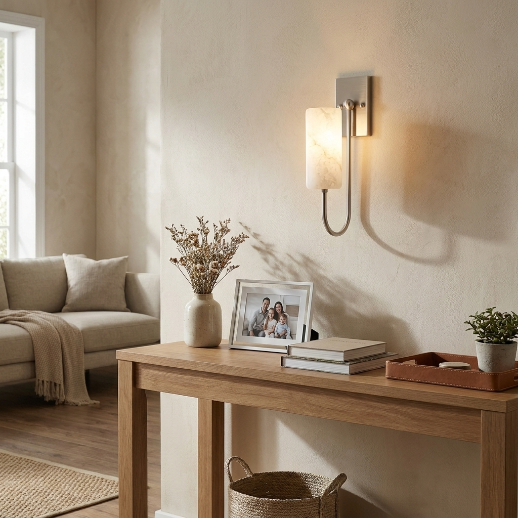 Wishbone Alabaster Wall Sconce — additional product view, a cylindrical stone shade beneath a tall looping arm (view 5)