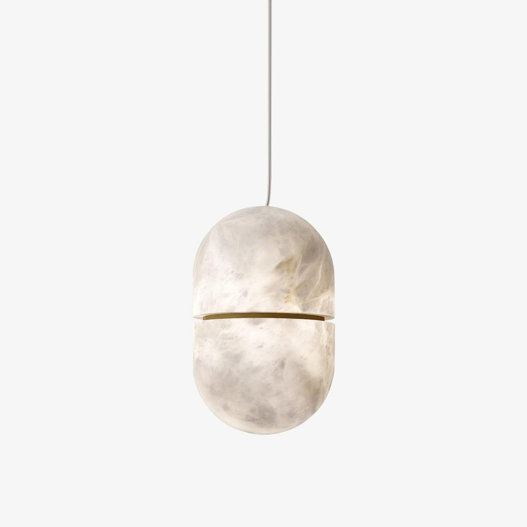 YUM Alabaster Pendant Light — full fixture profile, a suspended stone form with a balanced geometric profile (view 1)