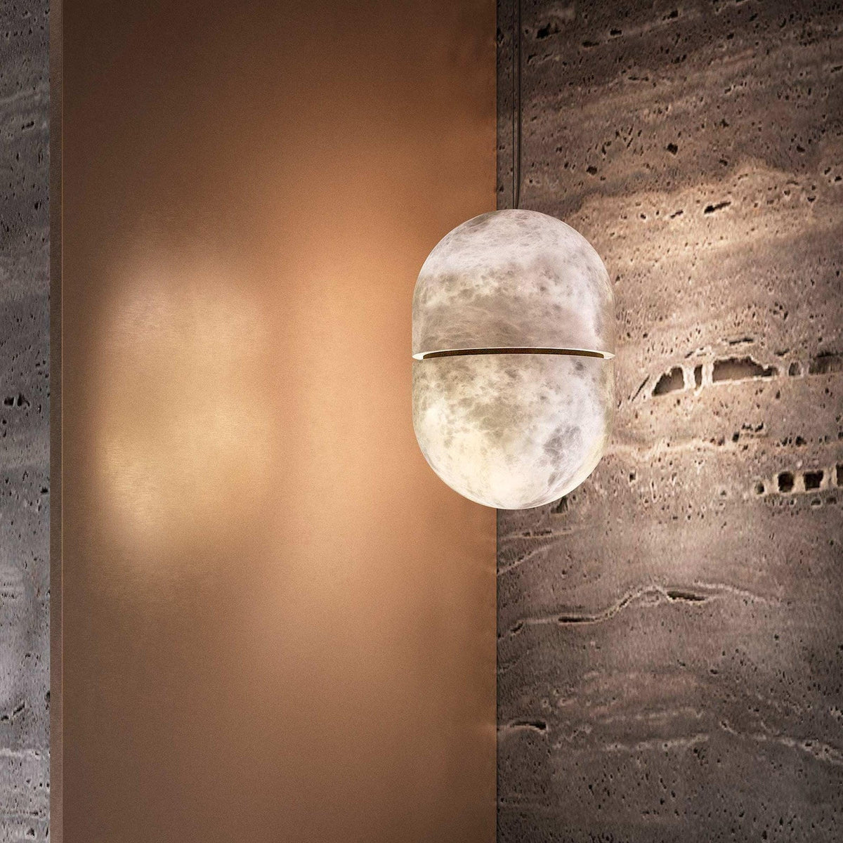 YUM Alabaster Pendant Light — product setting and fixture profile, a suspended stone form with a balanced geometric profile (view 2)