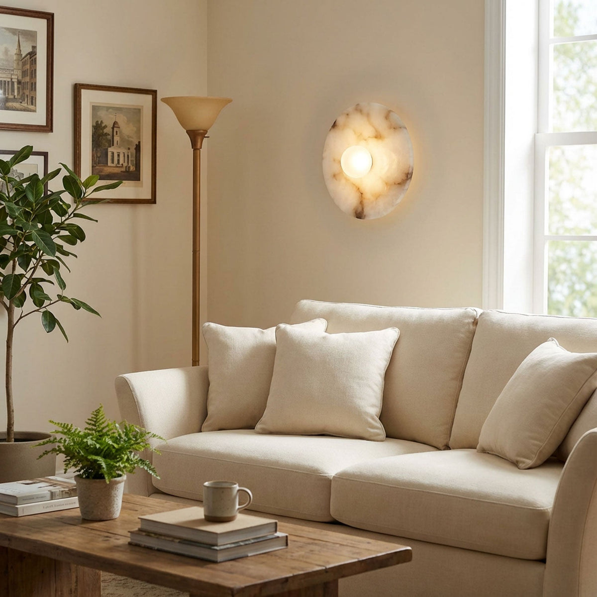 Yunhua Alabaster Wall Lamp — additional product view, a smooth stone wall diffuser with a cloudy surface pattern (view 4)