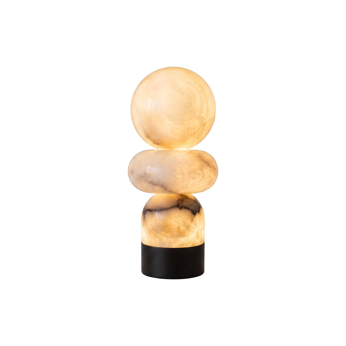 Zinnia Stacked Orb Table Lamp — full fixture profile, rounded stone forms stacked above a dark base (view 1)