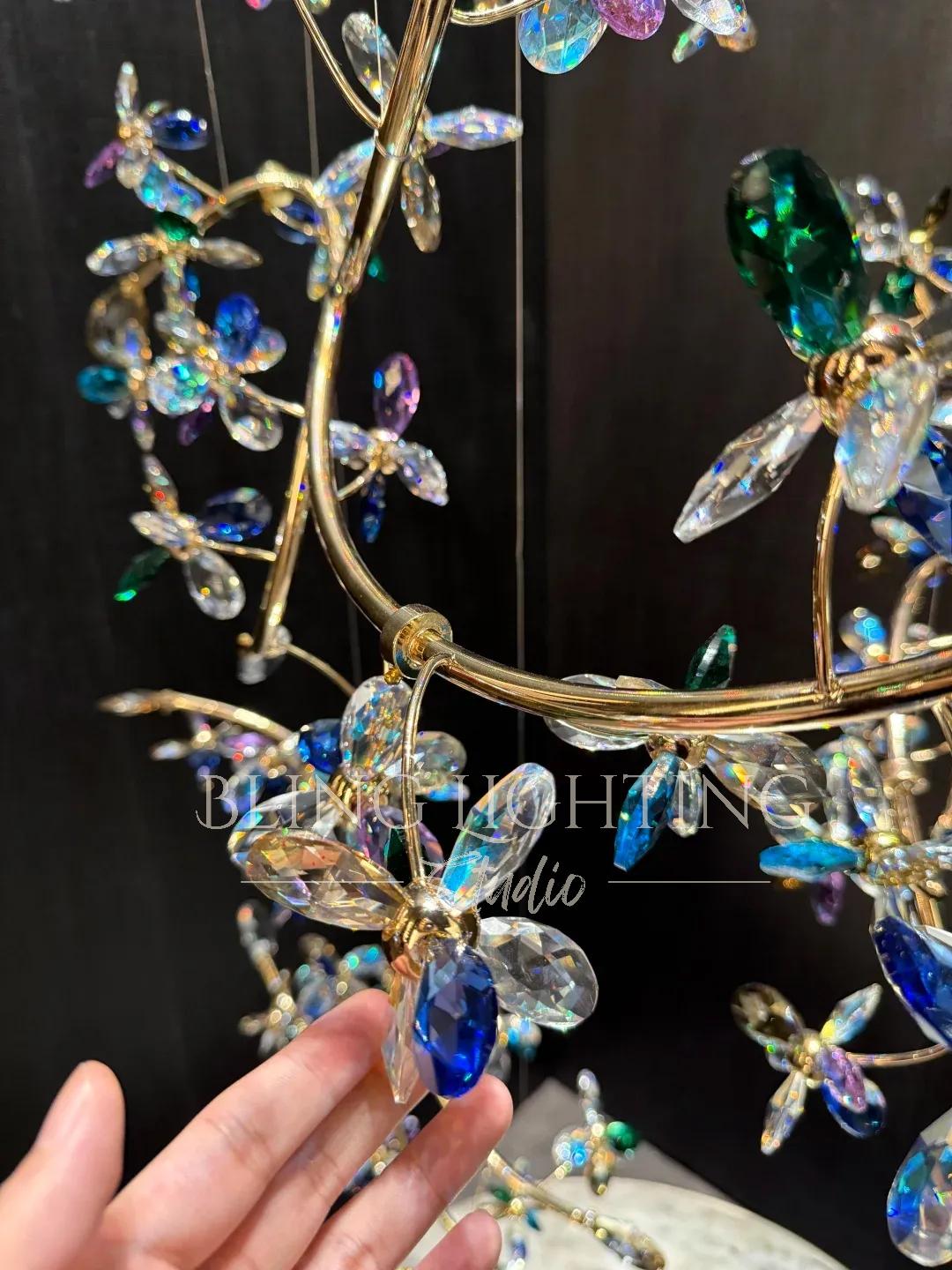 Branch Flower Crystal Chandelier for High Ceilings colorful crystal flower detail view 06