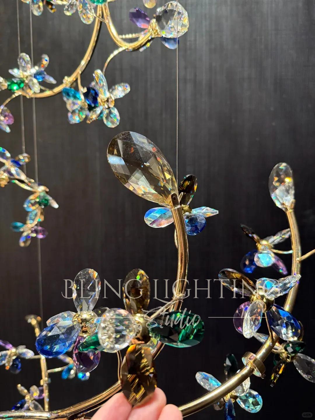Branch Flower Crystal Chandelier for High Ceilings colorful crystal flower detail view 07