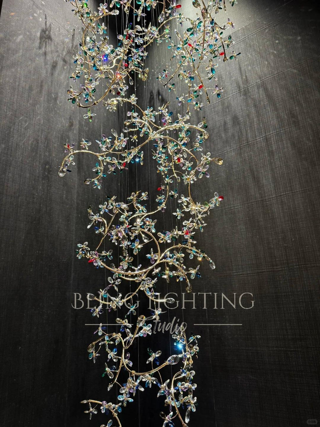 Branch Flower Crystal Chandelier for High Ceilings colorful crystal branch view 01