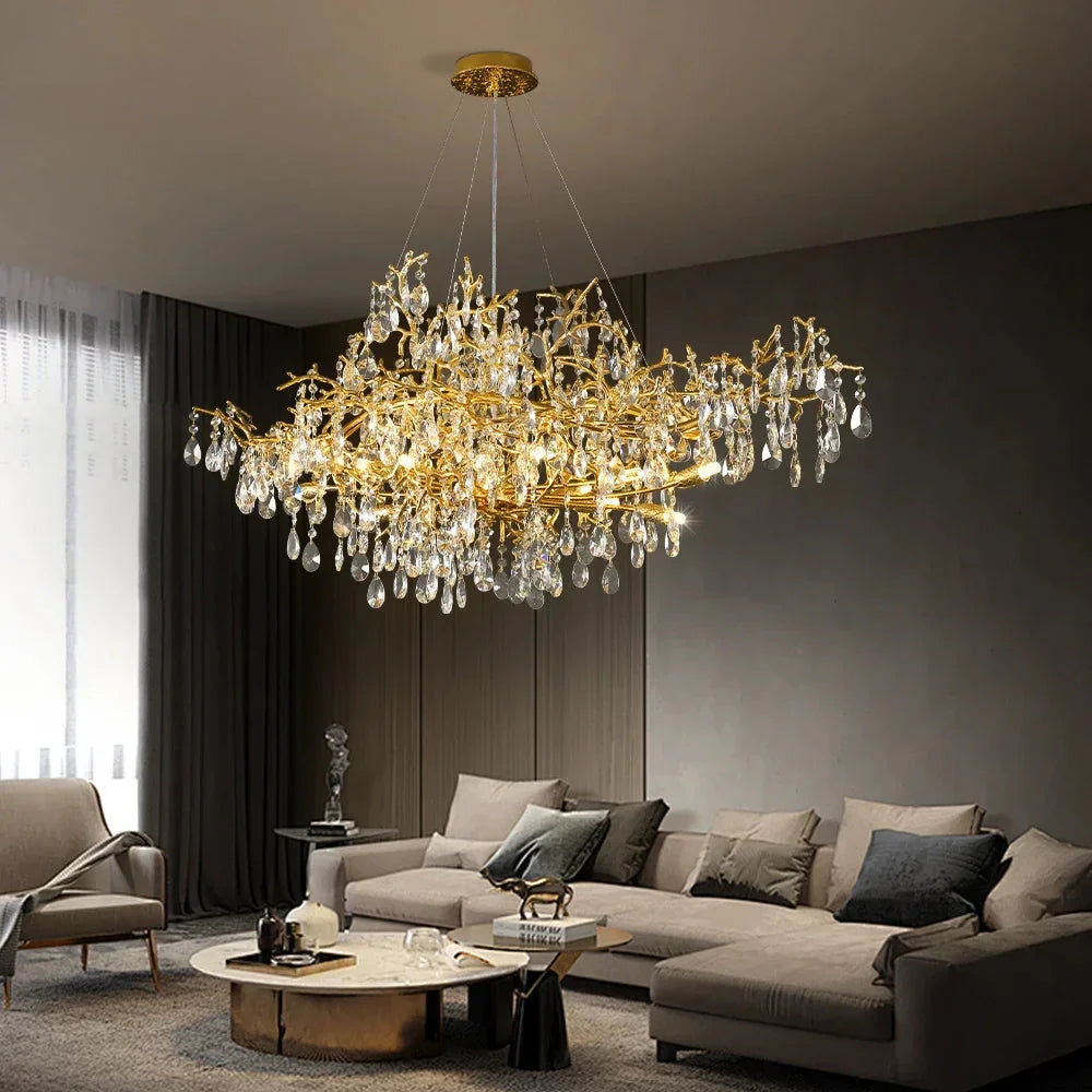 Brastia Gold Crystal Linear Branch Chandelier chandelier in a tall interior