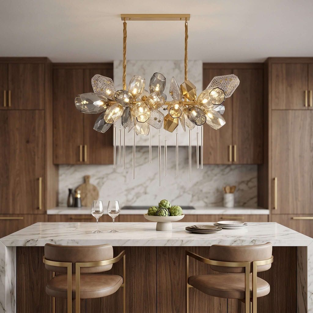 Britannica glass chandelier above a kitchen island