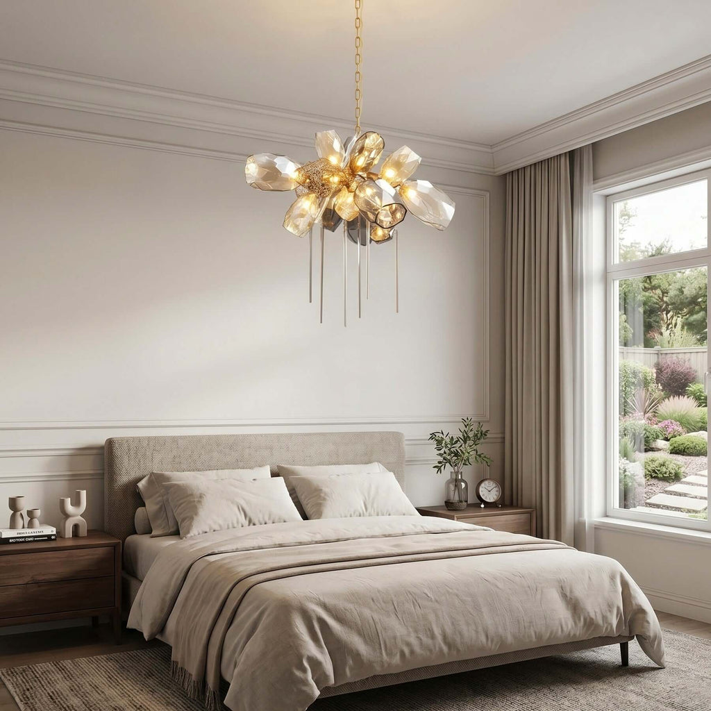 Britannica round glass chandelier in a bedroom