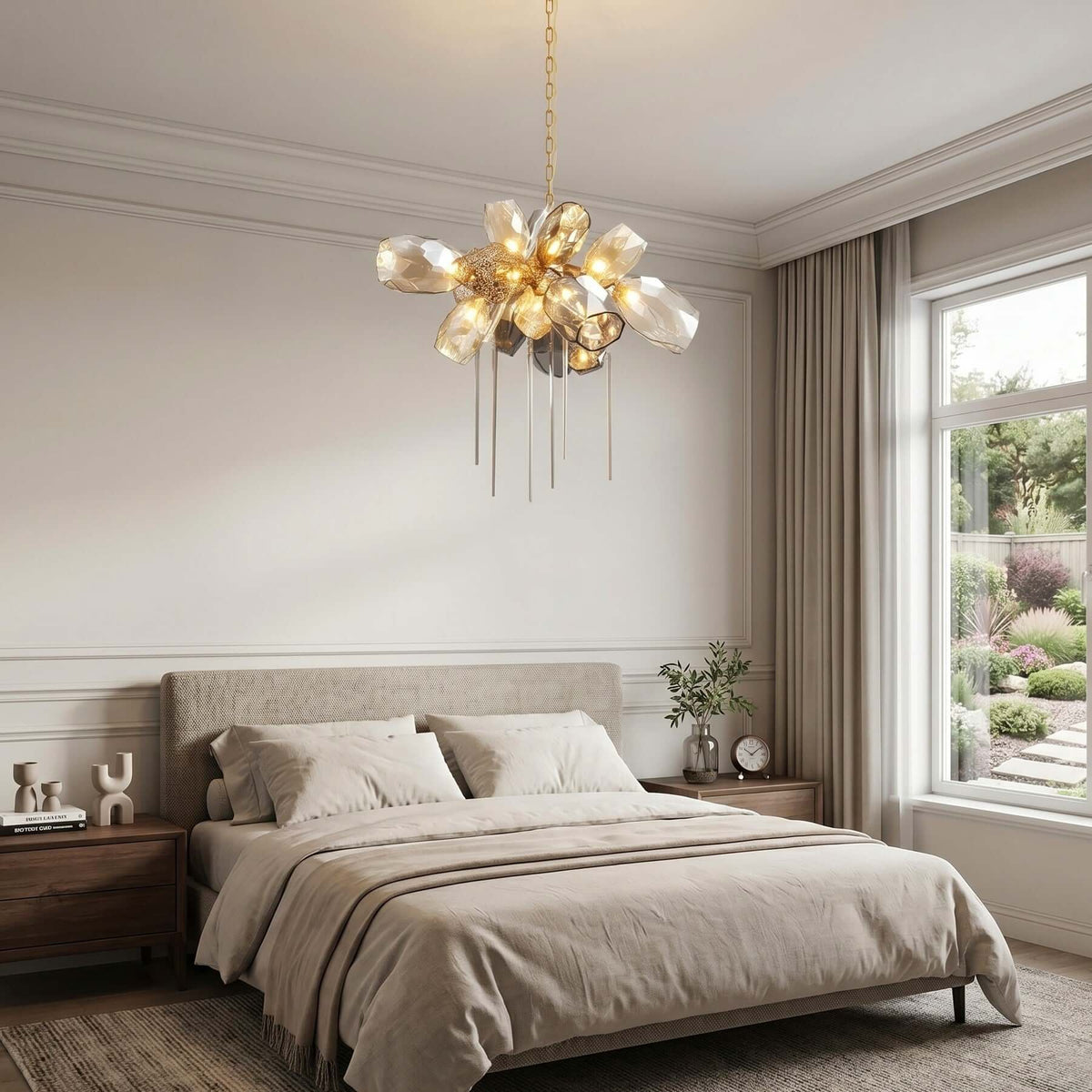 Britannica round glass chandelier in a bedroom