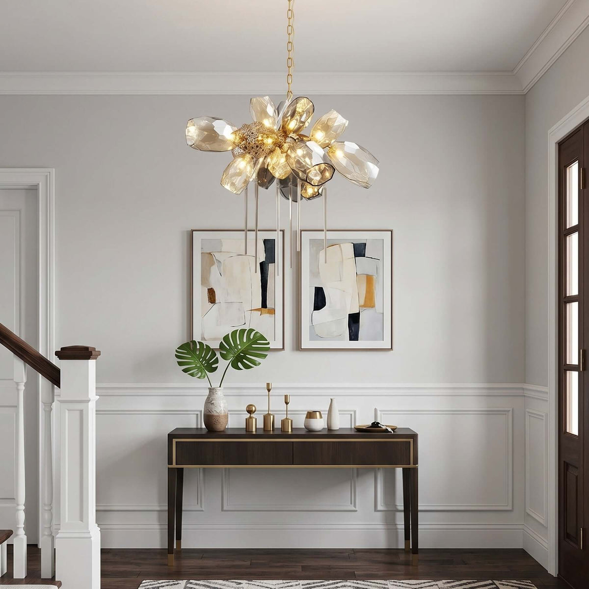 Britannica round chandelier in a modern entryway