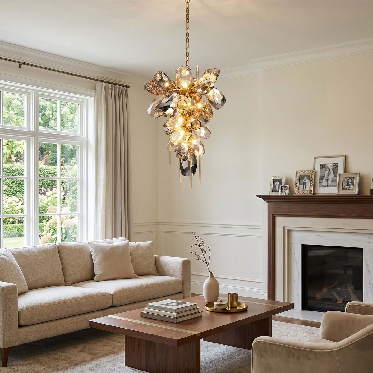 Britannica vertical glass chandelier in a living room
