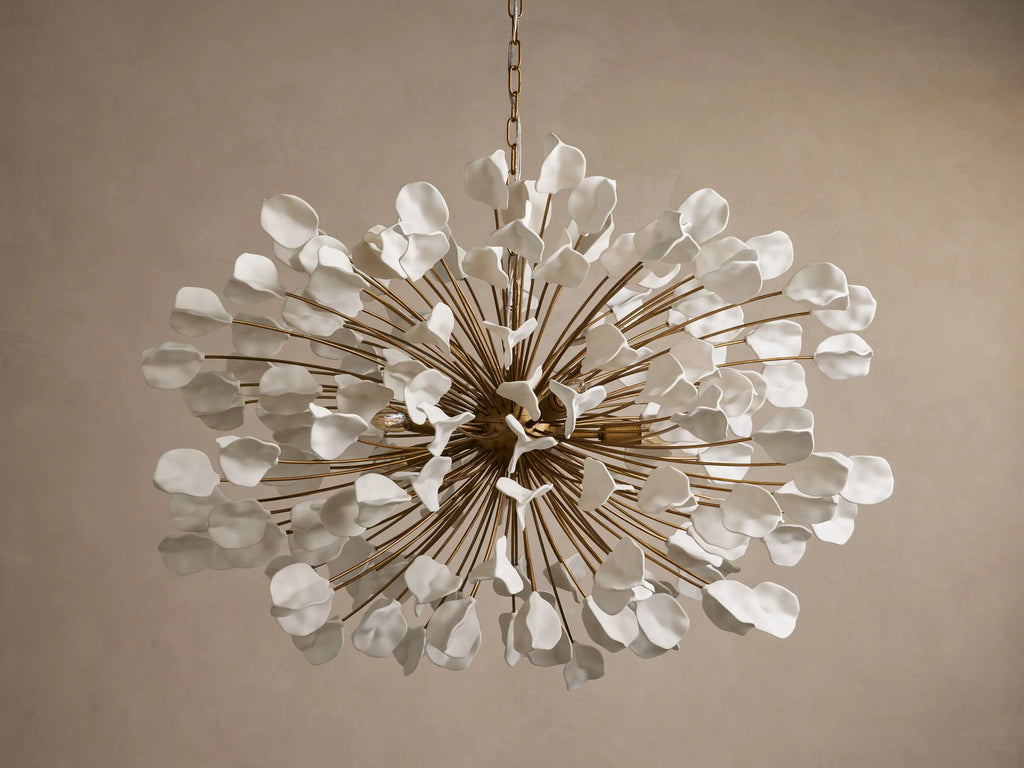 Cascading Ceramic Leaf Globe Chandelier with 5 Lights in brass / ivory finish, product view 3