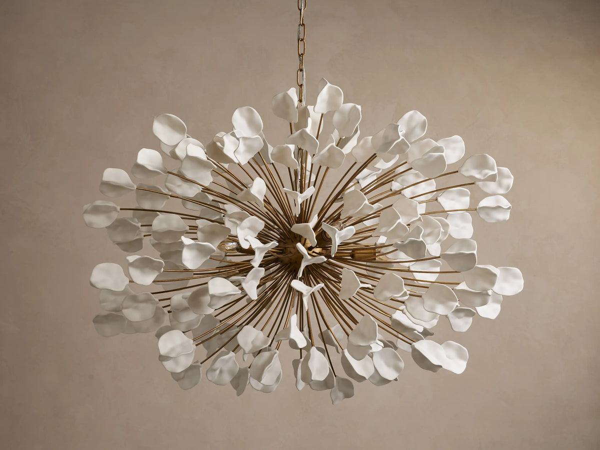 Cascading Ceramic Leaf Globe Chandelier with 5 Lights in brass / ivory finish, product view 3