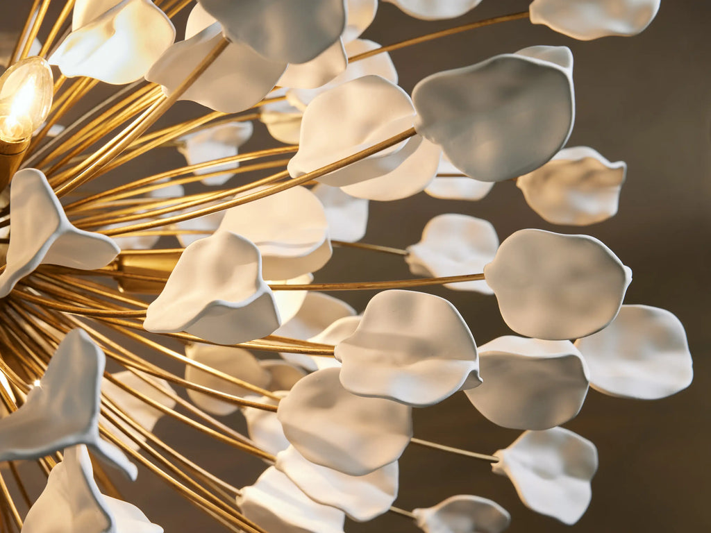 Cascading Ceramic Leaf Globe Chandelier with 5 Lights in brass / ivory finish, product view 4