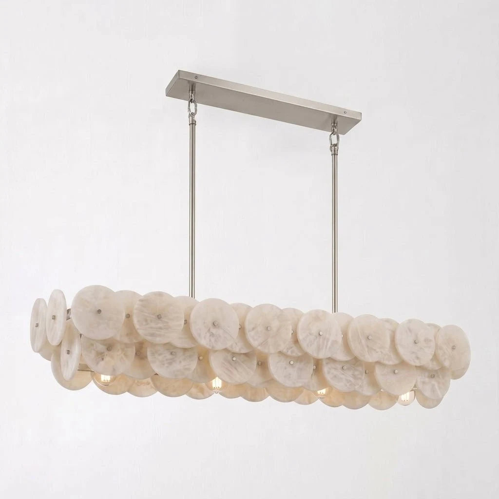 Celavora Alabaster Disc Linear Chandelier — L 120cm x H 20cm / L 47.2″ x H 7.9″ / Brushed Nickel