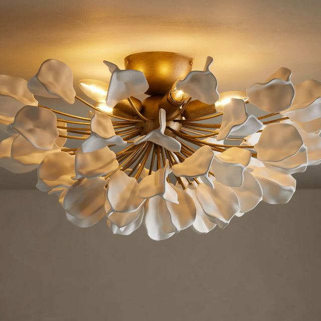 Ceramic Leaf Flush Mount Ceiling Light with 5 Lights in brass / ivory finish