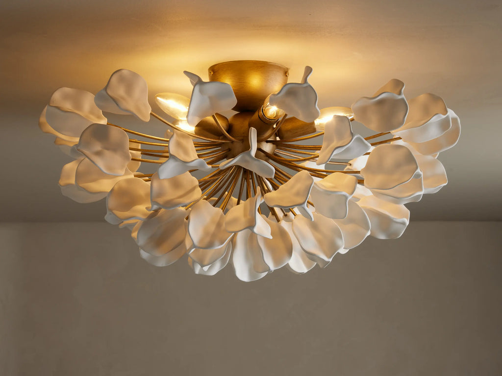 Ceramic Leaf Flush Mount Ceiling Light with 5 Lights in brass / ivory finish