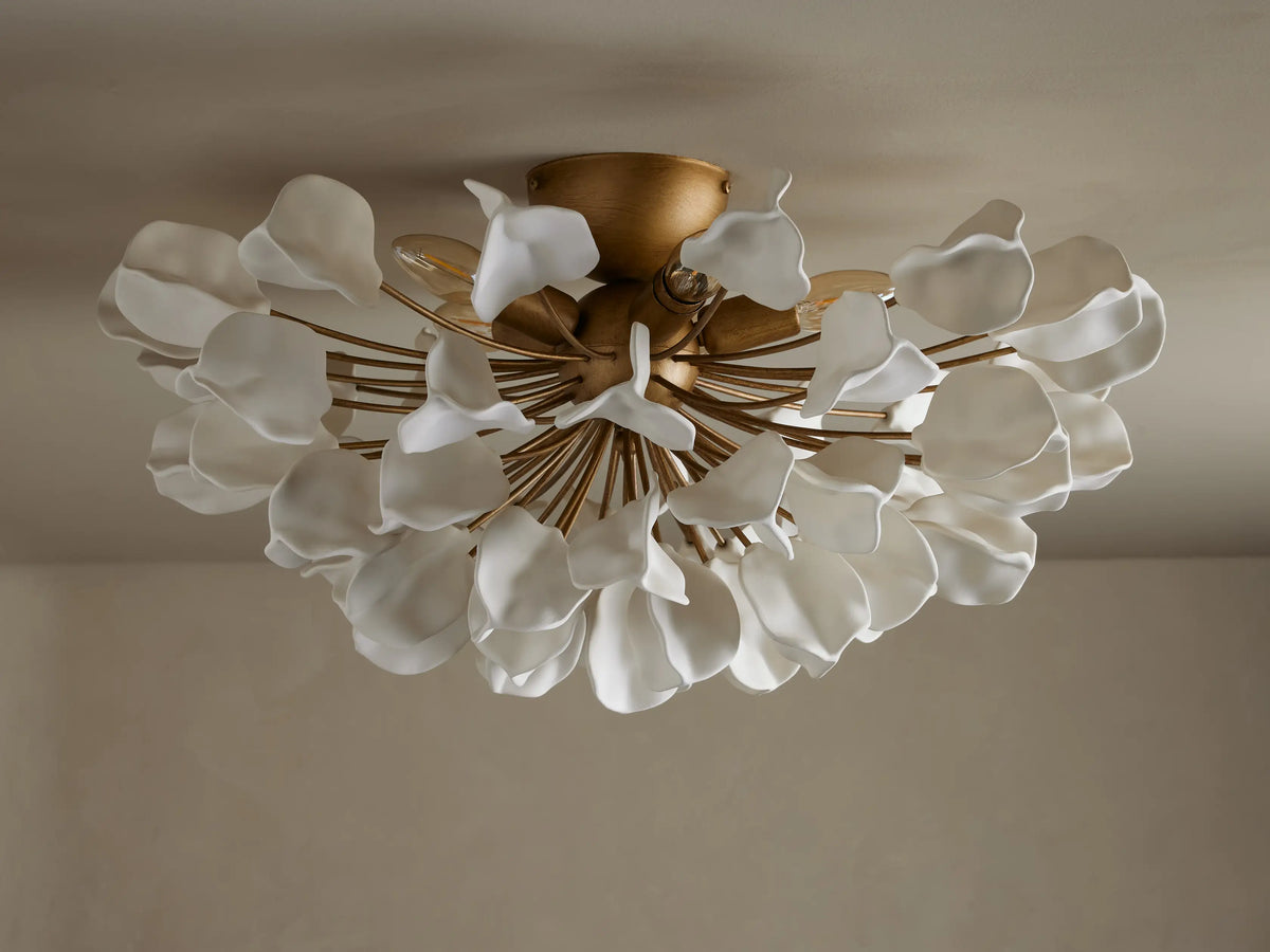 Ceramic Leaf Flush Mount Ceiling Light with 5 Lights in brass / ivory finish, product view 2