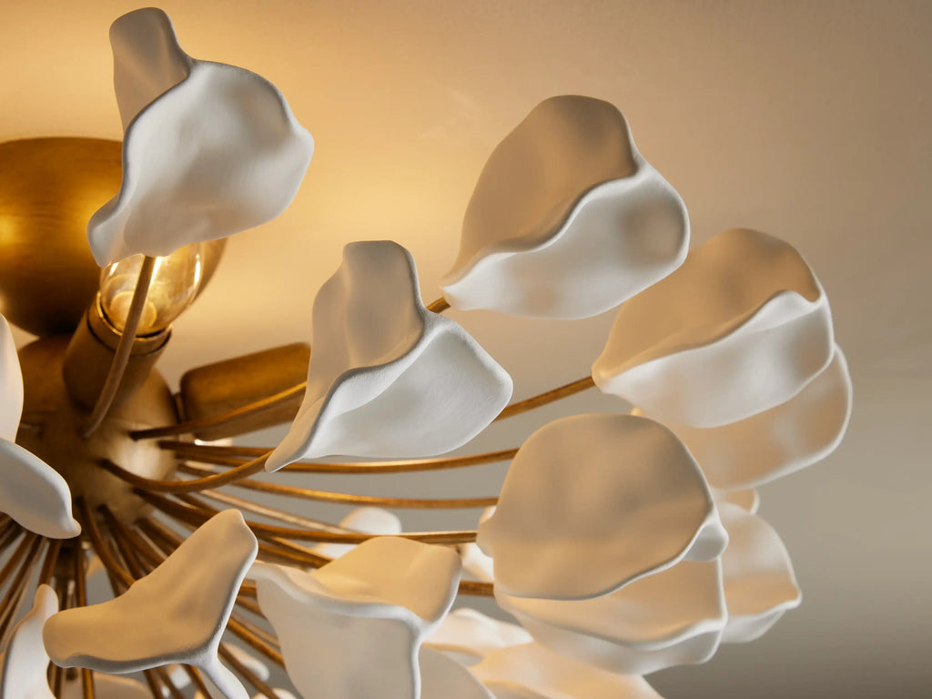 Ceramic Leaf Flush Mount Ceiling Light with 5 Lights in brass / ivory finish, product view 3