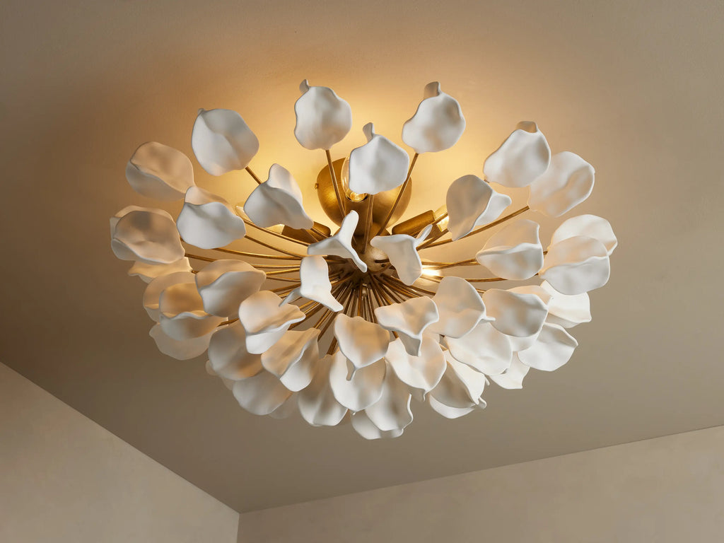 Ceramic Leaf Flush Mount Ceiling Light with 5 Lights in brass / ivory finish, product view 4