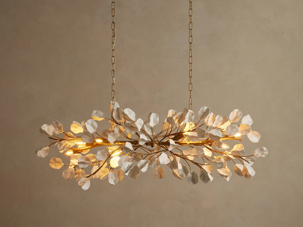 Ceramic Leaf Linear Chandelier with 8 Lights in brass / ivory finish