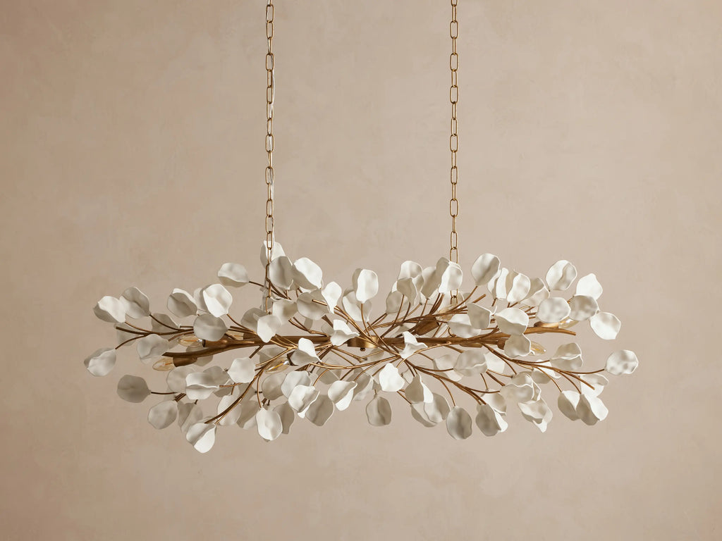 Ceramic Leaf Linear Chandelier with 8 Lights in brass / ivory finish, product view 2