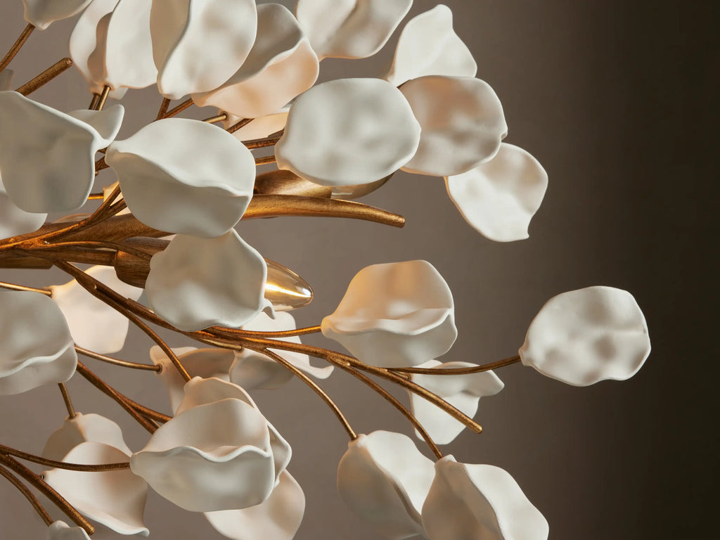 Ceramic Leaf Linear Chandelier with 8 Lights in brass / ivory finish, product view 3