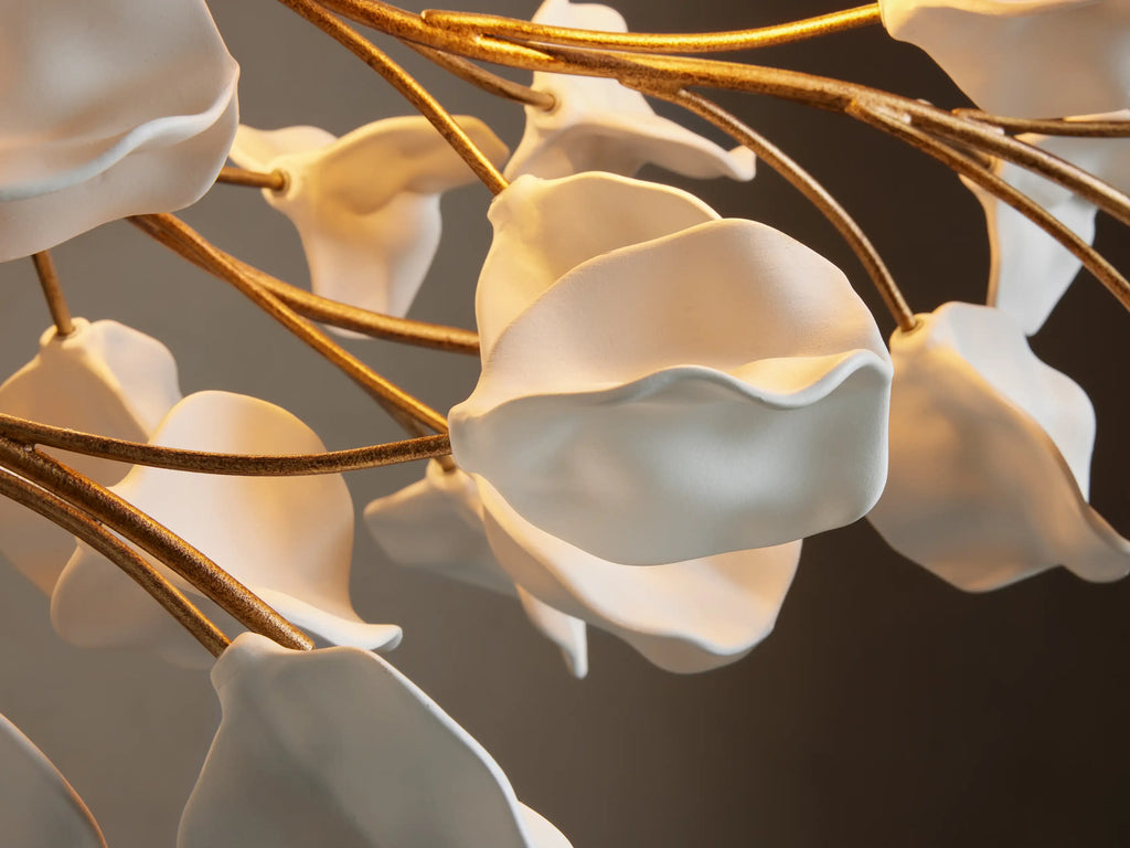 Ceramic Leaf Linear Chandelier with 8 Lights in brass / ivory finish, product view 4