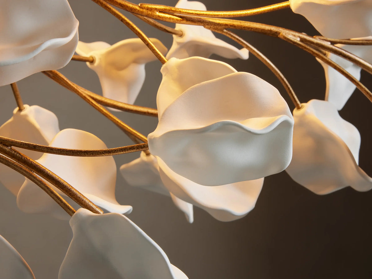 Ceramic Leaf Linear Chandelier with 8 Lights in brass / ivory finish, product view 4
