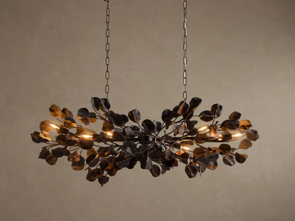 Ceramic Leaf Linear Chandelier with 8 Lights in bronze / ebony finish