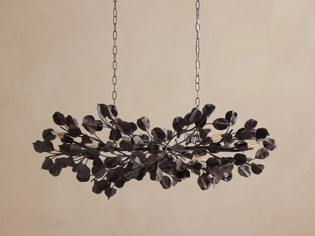 Ceramic Leaf Linear Chandelier with 8 Lights in bronze / ebony finish, product view 7