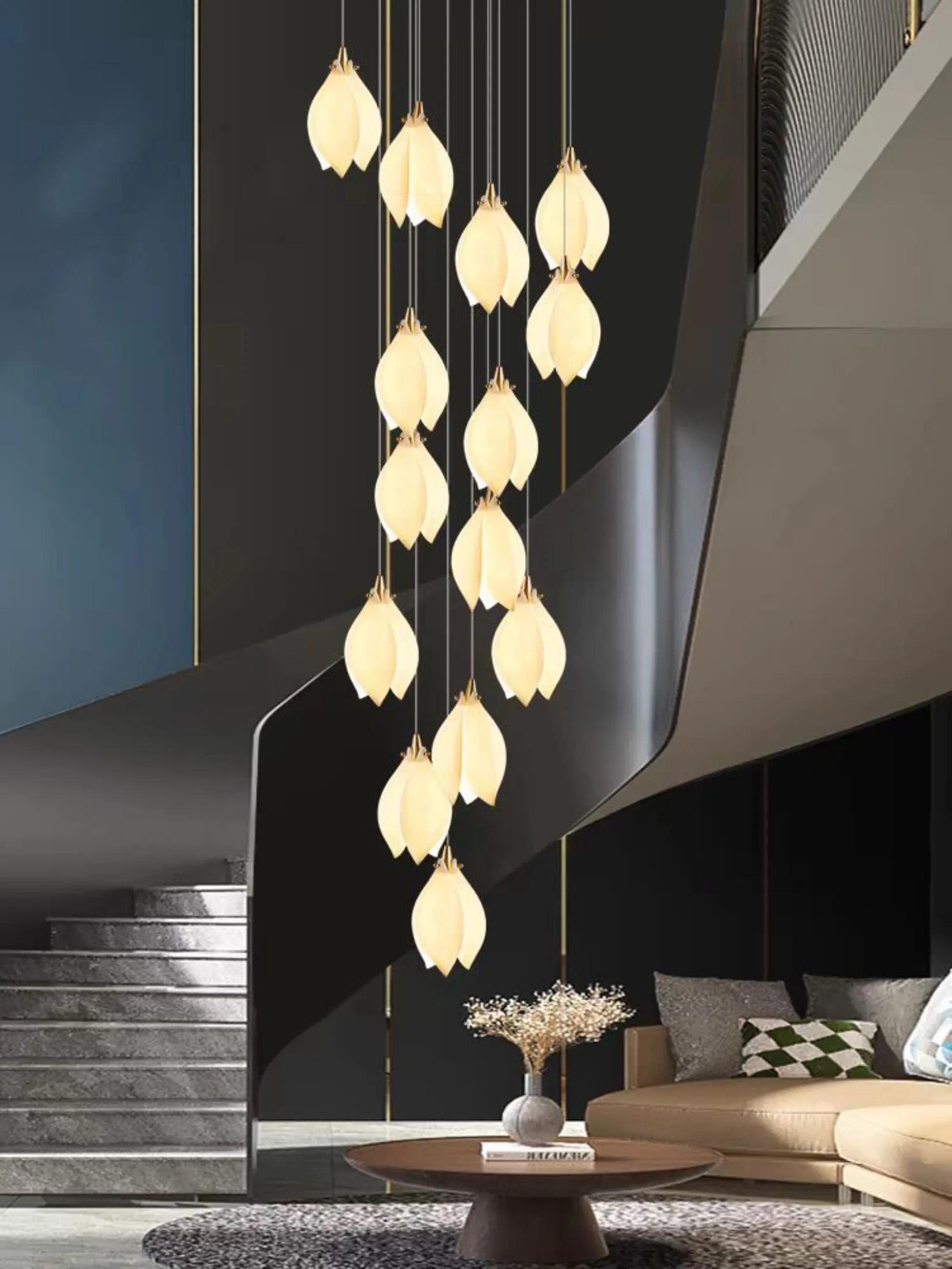 Ceramic Magnolia Staircase Chandelier bloom pendant detail with white flower shade
