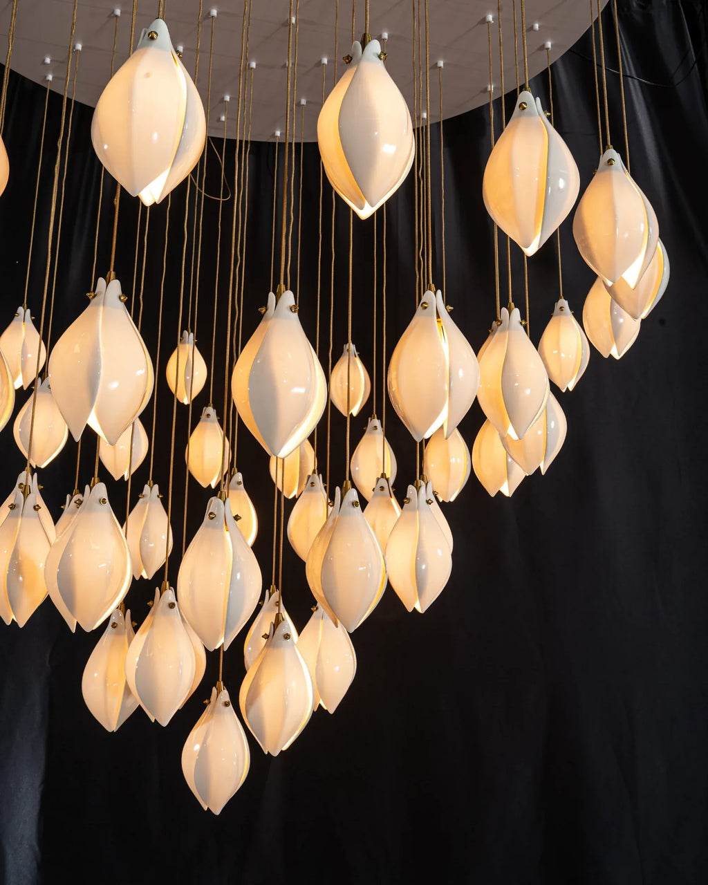 Ceramic Magnolia Staircase Chandelier hanging cluster with multiple ceramic flower pendants