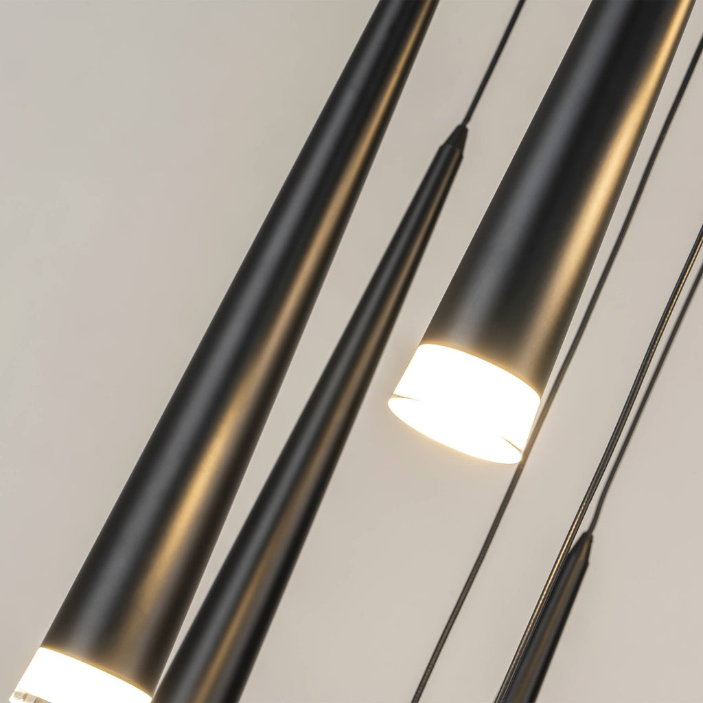 Contemporary Black LED Pendant Light for Stairwell close-up showing slim black cone LED pendants