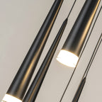 Contemporary Black LED Pendant Light for Stairwell close-up showing slim black cone LED pendants