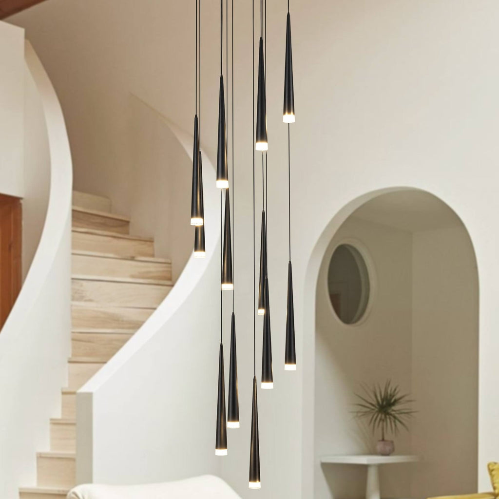 Contemporary Black LED Pendant Light for Stairwell hanging beside a curved staircase