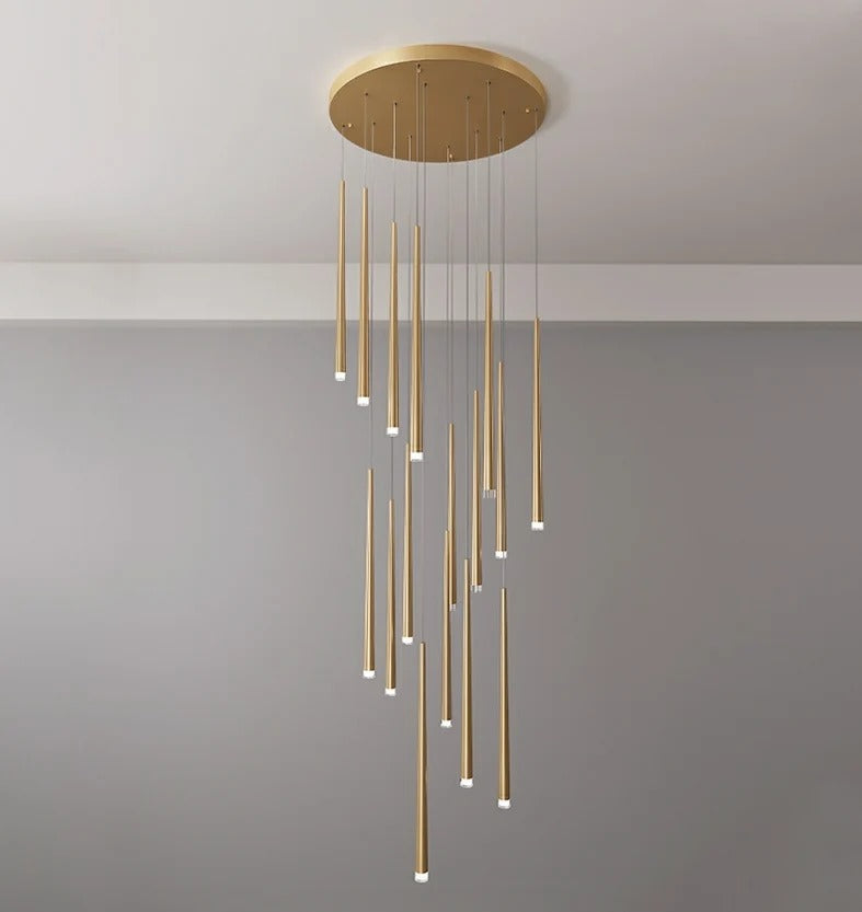 Contemporary Black LED Pendant Light for Stairwell gold finish staircase view